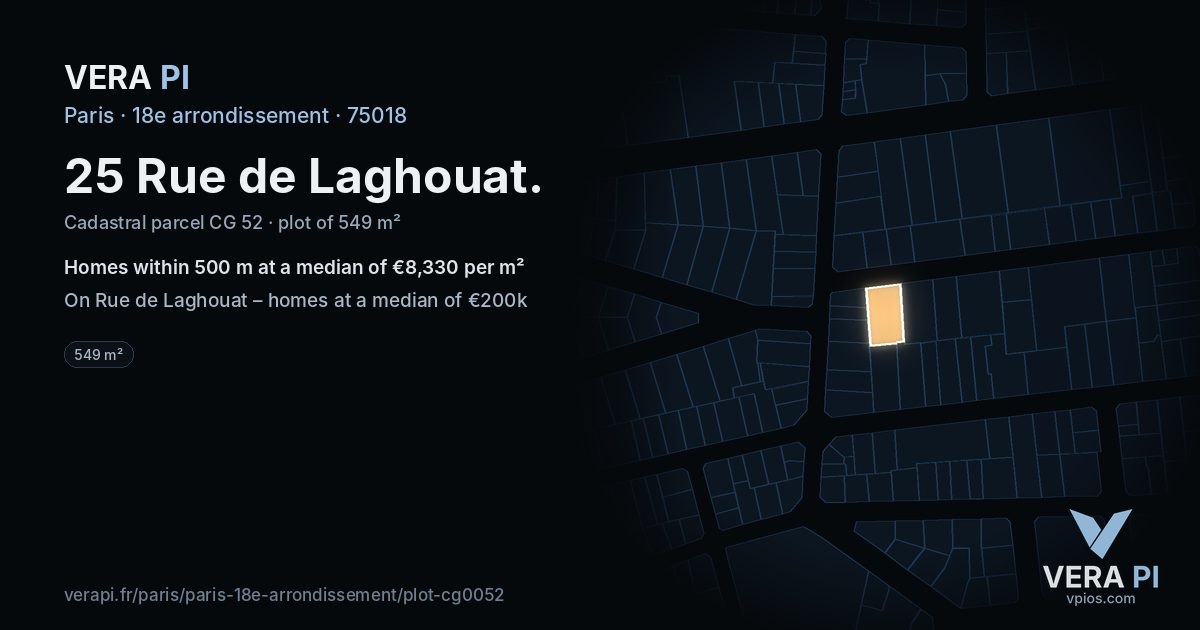 25 Rue de Laghouat, 18e arrondissement at night – the plot lit, the parcels around coloured by the prices near them
