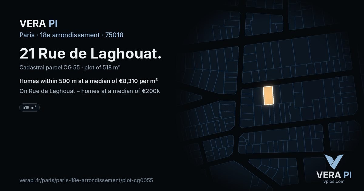 21 Rue de Laghouat, 18e arrondissement at night – the plot lit, the parcels around coloured by the prices near them