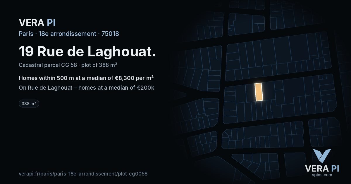 19 Rue de Laghouat, 18e arrondissement at night – the plot lit, the parcels around coloured by the prices near them