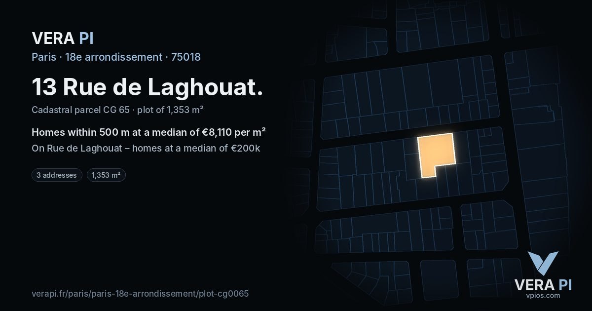 13 Rue de Laghouat, 18e arrondissement at night – the plot lit, the parcels around coloured by the prices near them