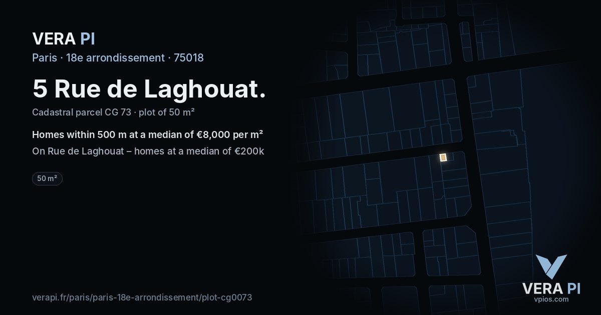 5 Rue de Laghouat, 18e arrondissement at night – the plot lit, the parcels around coloured by the prices near them