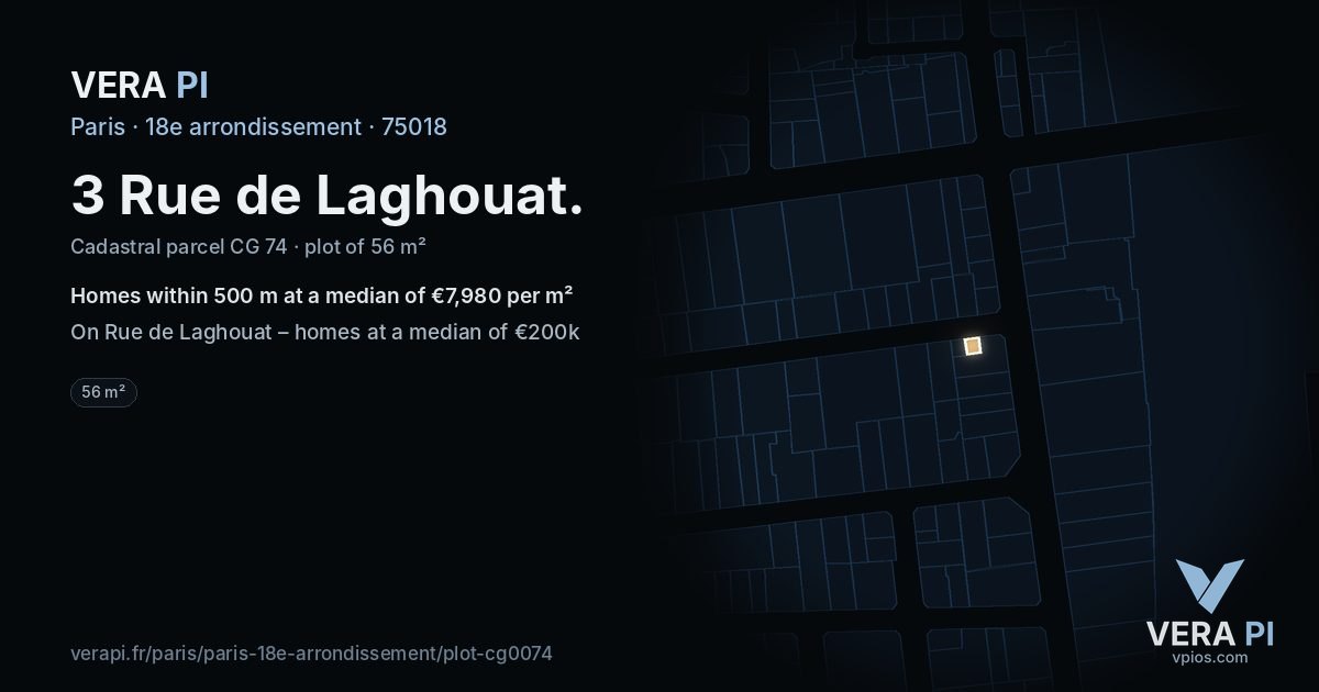 3 Rue de Laghouat, 18e arrondissement at night – the plot lit, the parcels around coloured by the prices near them