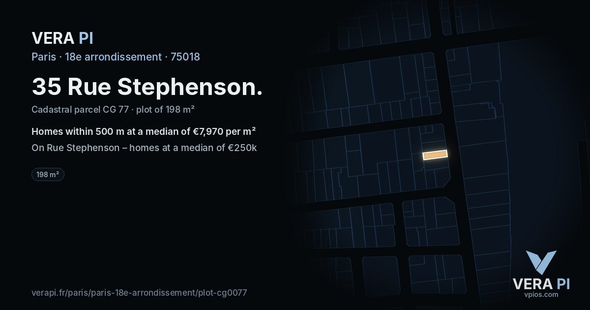 35 Rue Stephenson, 18e arrondissement at night – the plot lit, the parcels around coloured by the prices near them