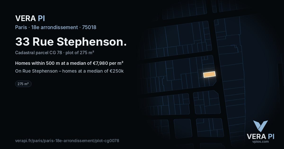 33 Rue Stephenson, 18e arrondissement at night – the plot lit, the parcels around coloured by the prices near them