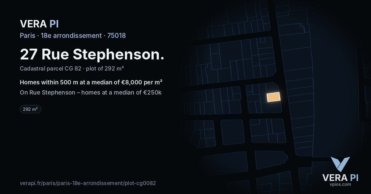 27 Rue Stephenson, 18e arrondissement at night – the plot lit, the parcels around coloured by the prices near them