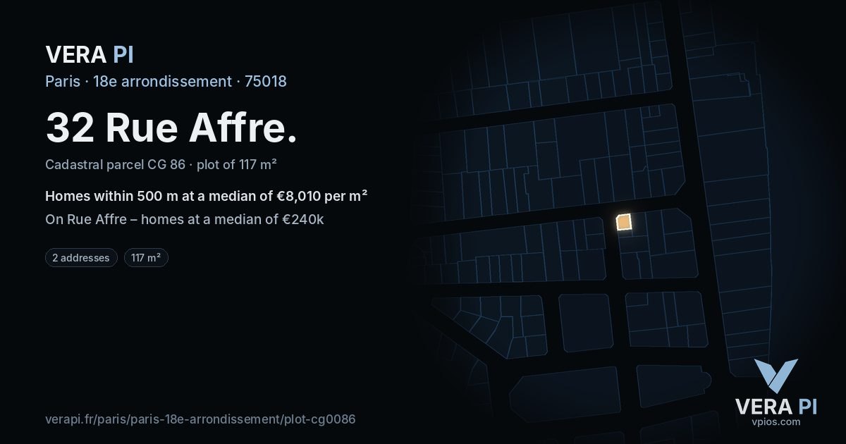 32 Rue Affre, 18e arrondissement at night – the plot lit, the parcels around coloured by the prices near them
