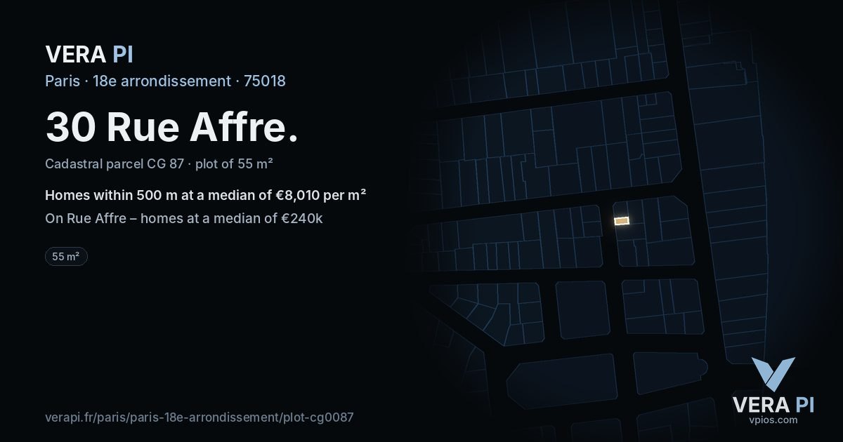 30 Rue Affre, 18e arrondissement at night – the plot lit, the parcels around coloured by the prices near them