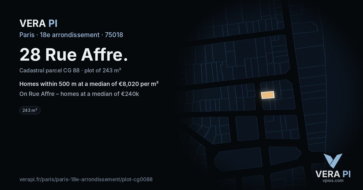 28 Rue Affre, 18e arrondissement at night – the plot lit, the parcels around coloured by the prices near them