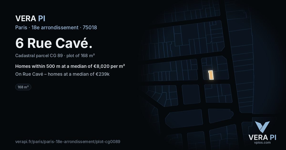 6 Rue Cavé, 18e arrondissement at night – the plot lit, the parcels around coloured by the prices near them