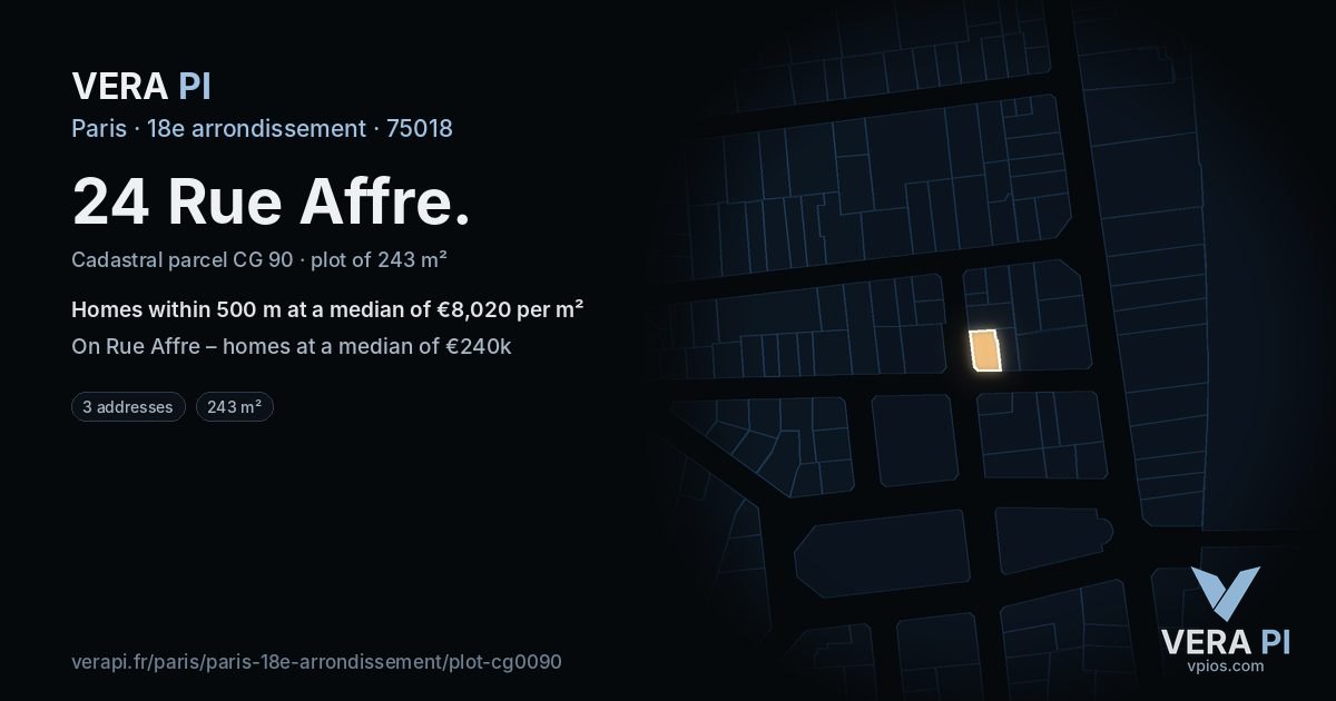 24 Rue Affre, 18e arrondissement at night – the plot lit, the parcels around coloured by the prices near them