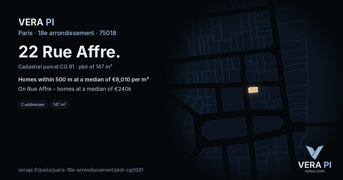 22 Rue Affre, 18e arrondissement at night – the plot lit, the parcels around coloured by the prices near them