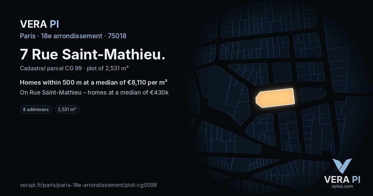 7 Rue Saint-Mathieu, 18e arrondissement at night – the plot lit, the parcels around coloured by the prices near them