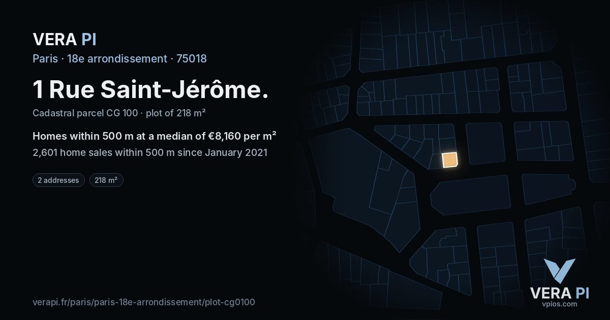 1 Rue Saint-Jérôme, 18e arrondissement at night – the plot lit, the parcels around coloured by the prices near them