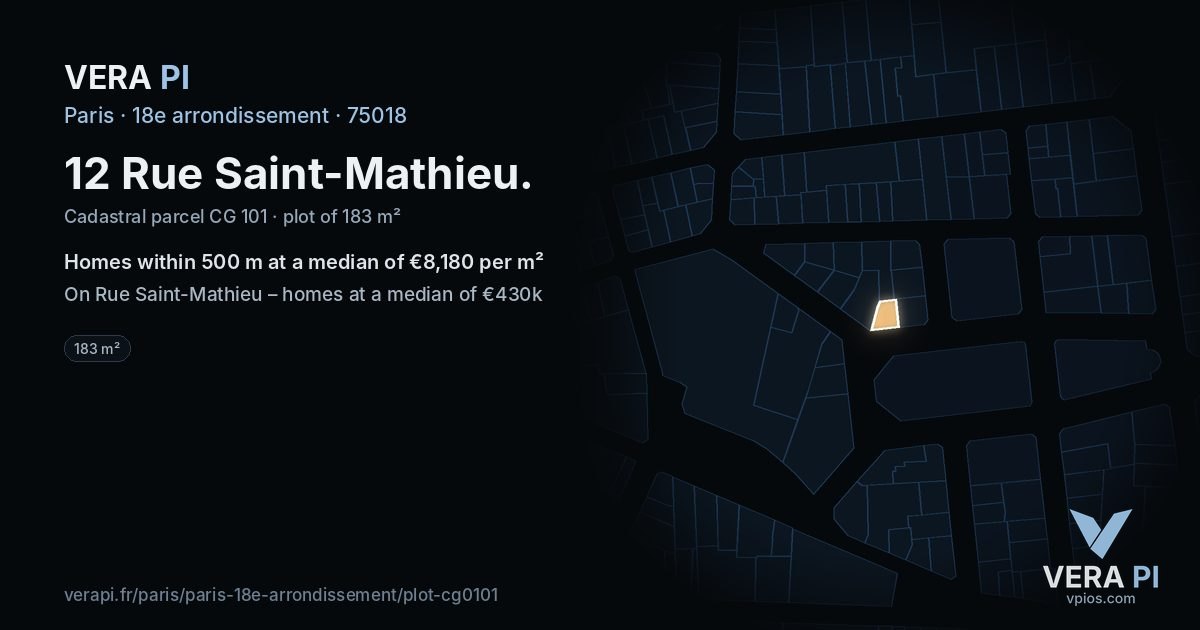 12 Rue Saint-Mathieu, 18e arrondissement at night – the plot lit, the parcels around coloured by the prices near them