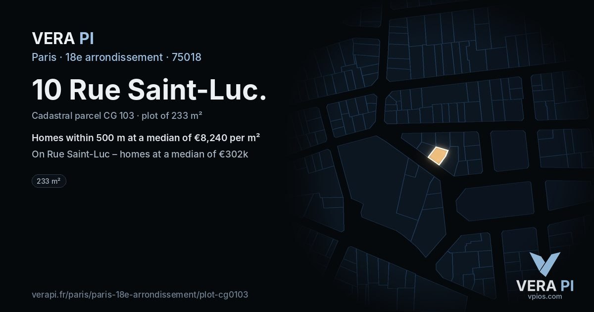 10 Rue Saint-Luc, 18e arrondissement at night – the plot lit, the parcels around coloured by the prices near them