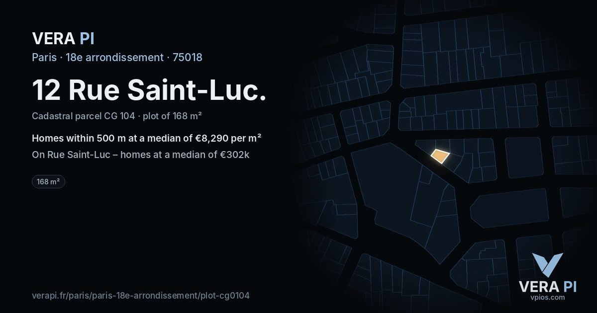 12 Rue Saint-Luc, 18e arrondissement at night – the plot lit, the parcels around coloured by the prices near them