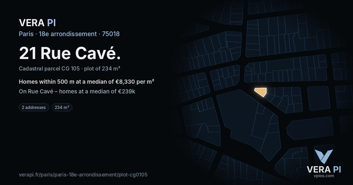21 Rue Cavé, 18e arrondissement at night – the plot lit, the parcels around coloured by the prices near them