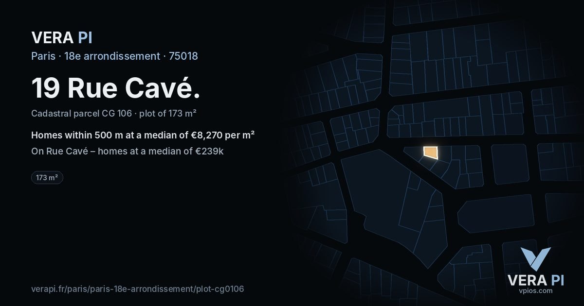 19 Rue Cavé, 18e arrondissement at night – the plot lit, the parcels around coloured by the prices near them