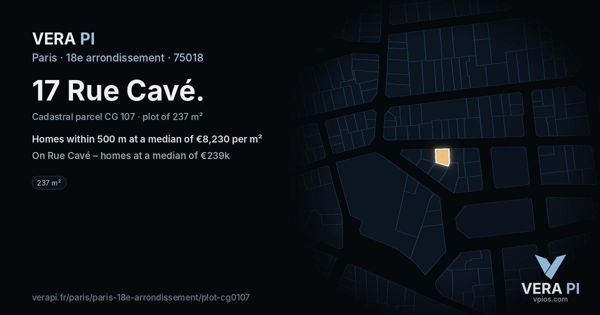 17 Rue Cavé, 18e arrondissement at night – the plot lit, the parcels around coloured by the prices near them
