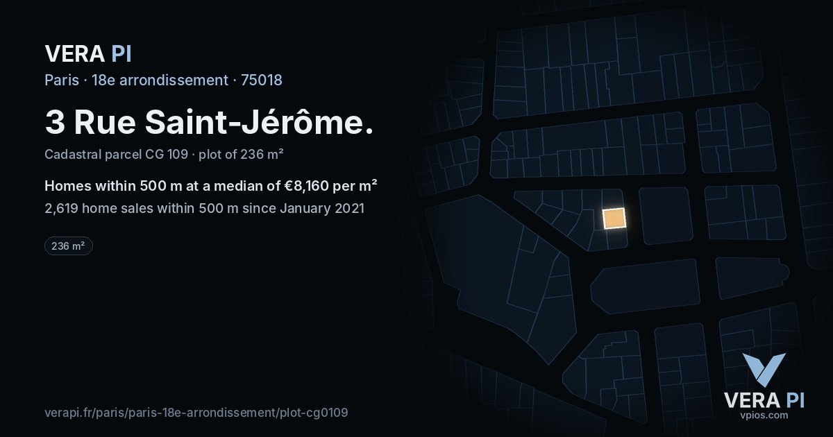 3 Rue Saint-Jérôme, 18e arrondissement at night – the plot lit, the parcels around coloured by the prices near them