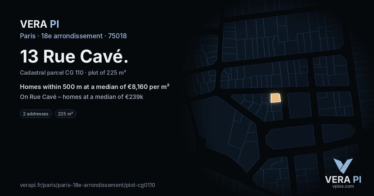 13 Rue Cavé, 18e arrondissement at night – the plot lit, the parcels around coloured by the prices near them