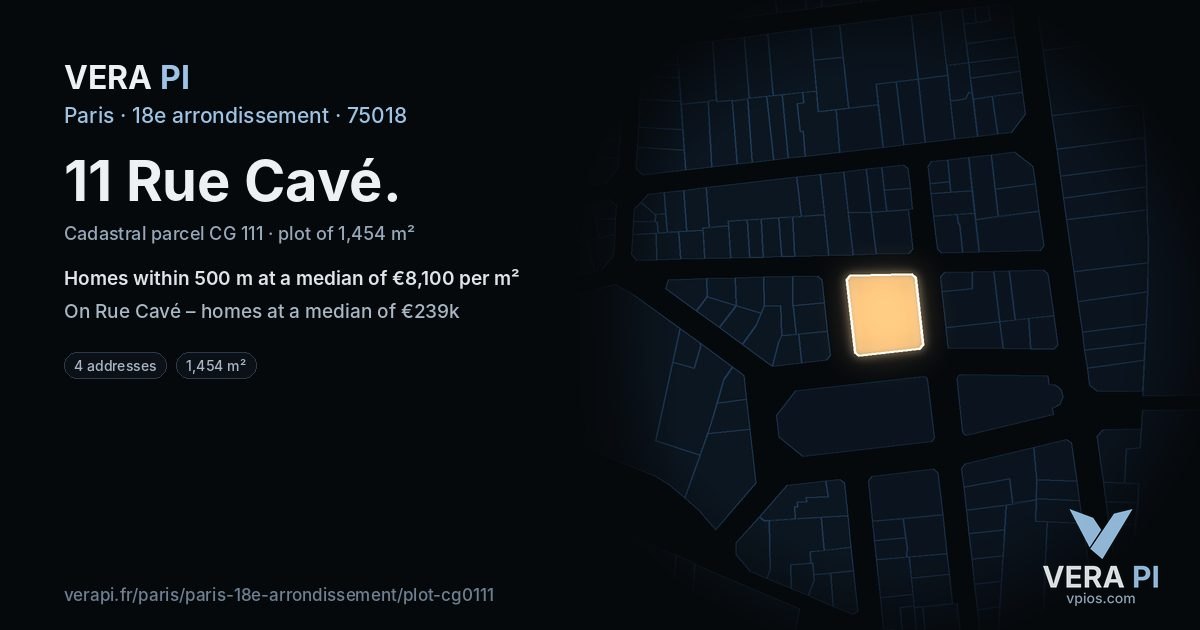 11 Rue Cavé, 18e arrondissement at night – the plot lit, the parcels around coloured by the prices near them