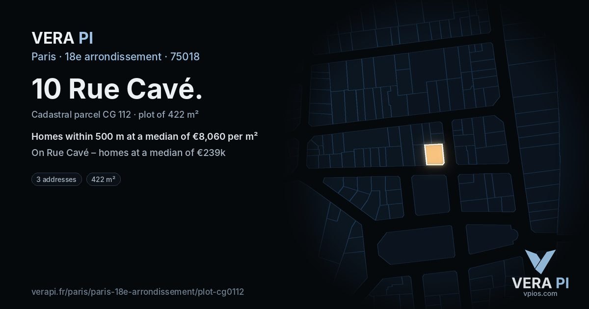 10 Rue Cavé, 18e arrondissement at night – the plot lit, the parcels around coloured by the prices near them
