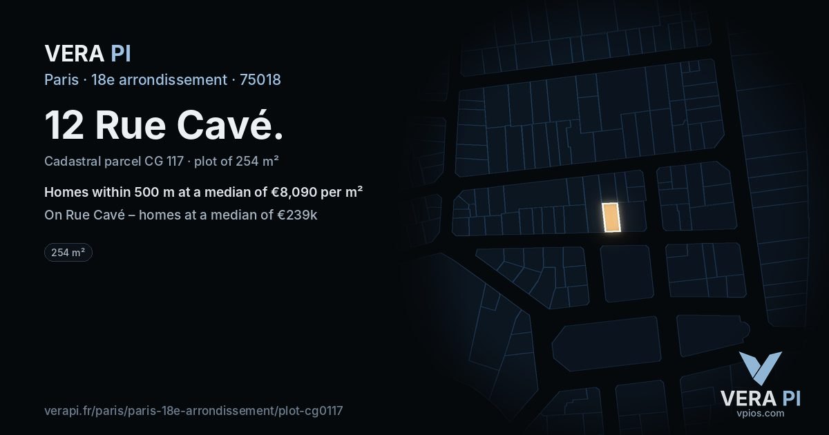 12 Rue Cavé, 18e arrondissement at night – the plot lit, the parcels around coloured by the prices near them