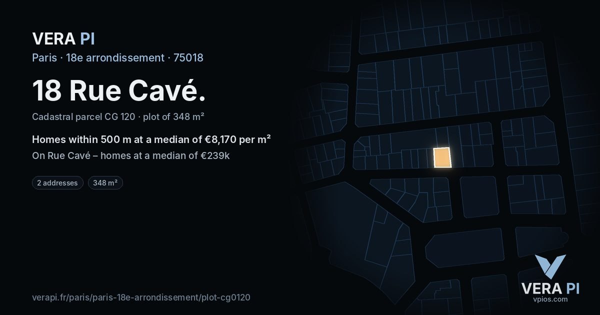 18 Rue Cavé, 18e arrondissement at night – the plot lit, the parcels around coloured by the prices near them