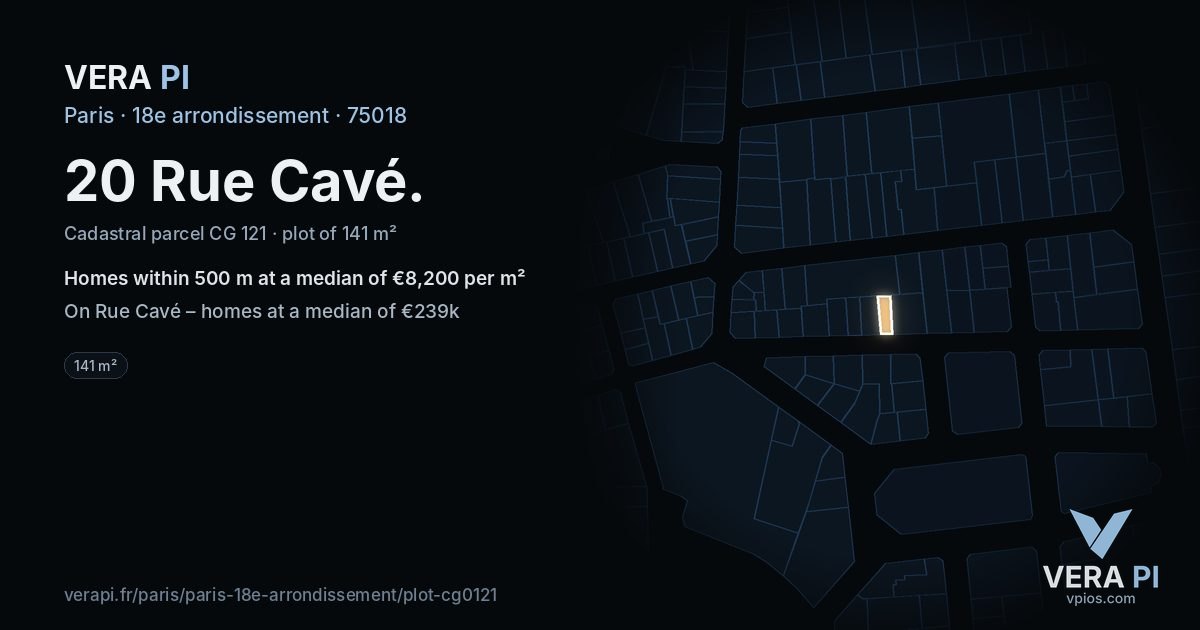 20 Rue Cavé, 18e arrondissement at night – the plot lit, the parcels around coloured by the prices near them