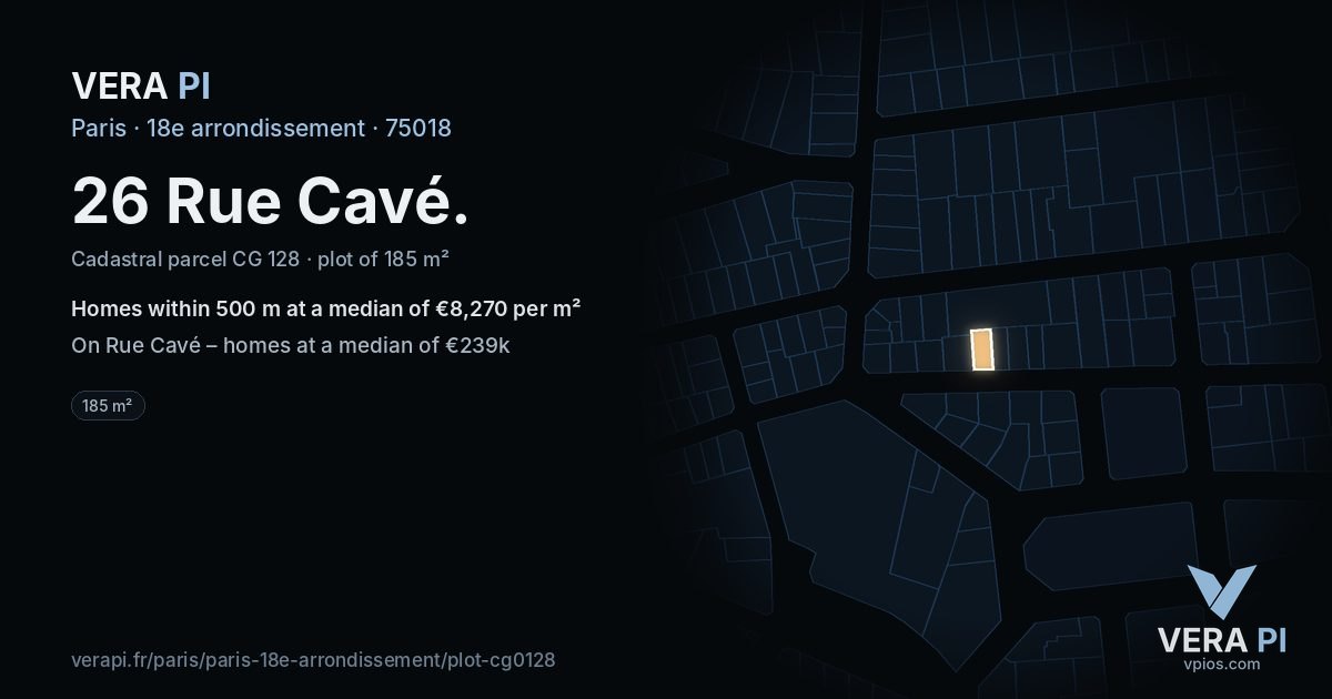 26 Rue Cavé, 18e arrondissement at night – the plot lit, the parcels around coloured by the prices near them