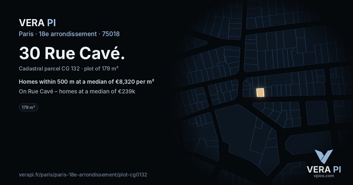 30 Rue Cavé, 18e arrondissement at night – the plot lit, the parcels around coloured by the prices near them