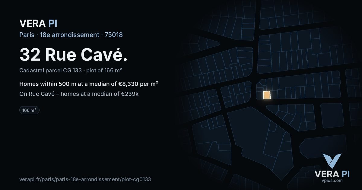 32 Rue Cavé, 18e arrondissement at night – the plot lit, the parcels around coloured by the prices near them