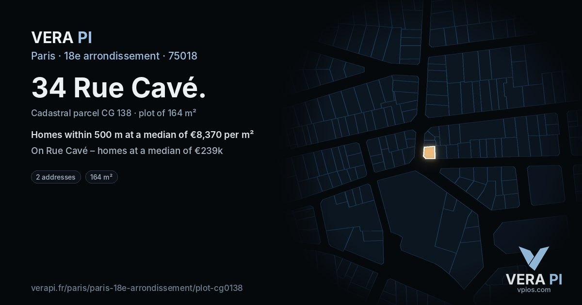 34 Rue Cavé, 18e arrondissement at night – the plot lit, the parcels around coloured by the prices near them