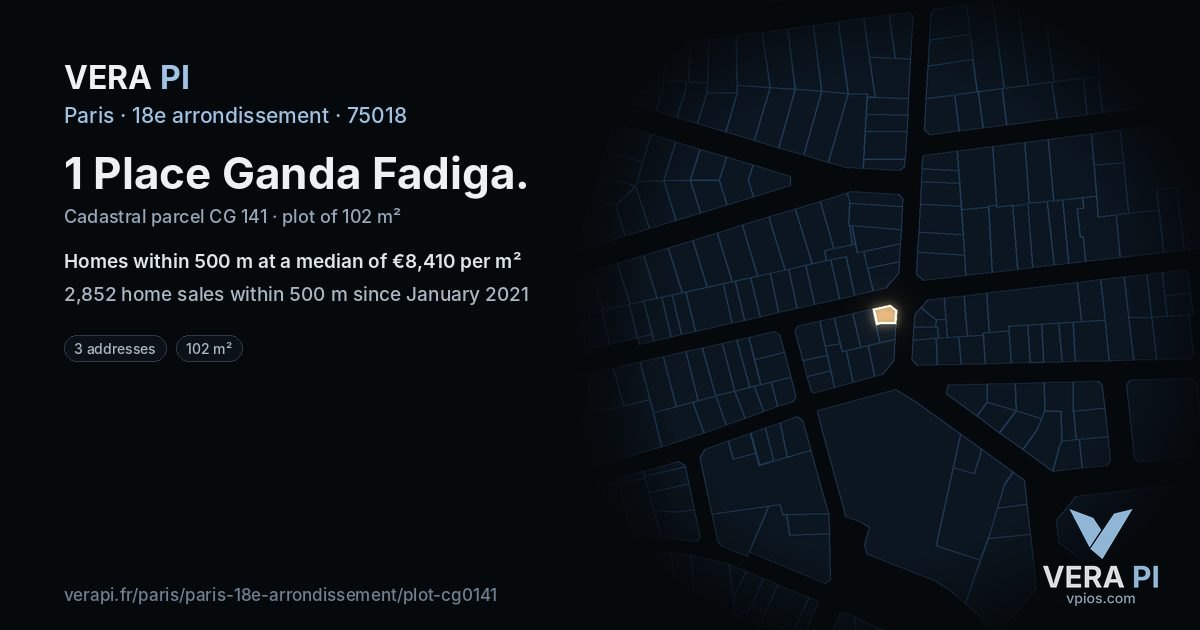 1 Place Ganda Fadiga, 18e arrondissement at night – the plot lit, the parcels around coloured by the prices near them