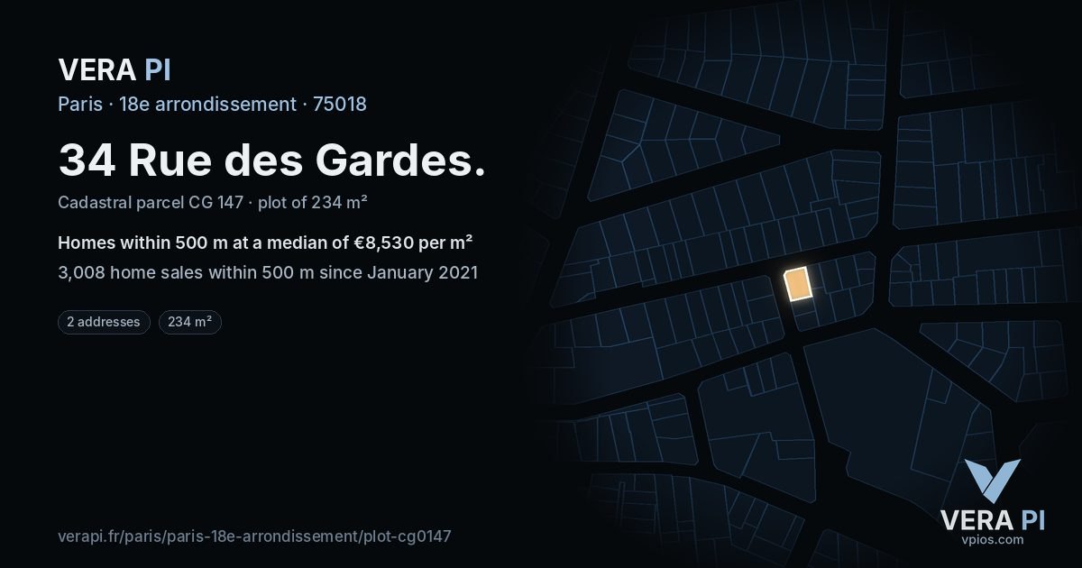 34 Rue des Gardes, 18e arrondissement at night – the plot lit, the parcels around coloured by the prices near them