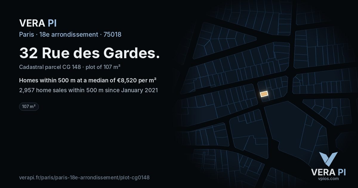 32 Rue des Gardes, 18e arrondissement at night – the plot lit, the parcels around coloured by the prices near them