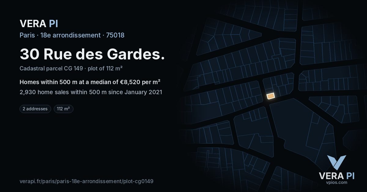 30 Rue des Gardes, 18e arrondissement at night – the plot lit, the parcels around coloured by the prices near them