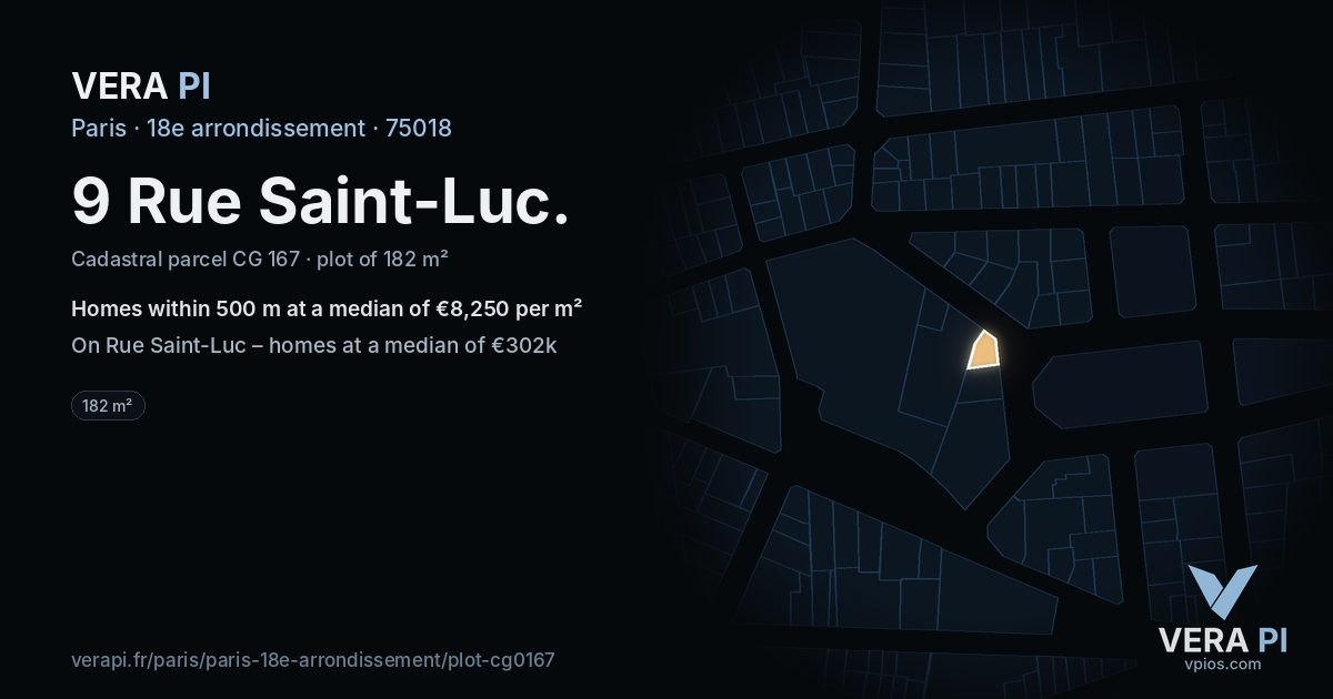 9 Rue Saint-Luc, 18e arrondissement at night – the plot lit, the parcels around coloured by the prices near them