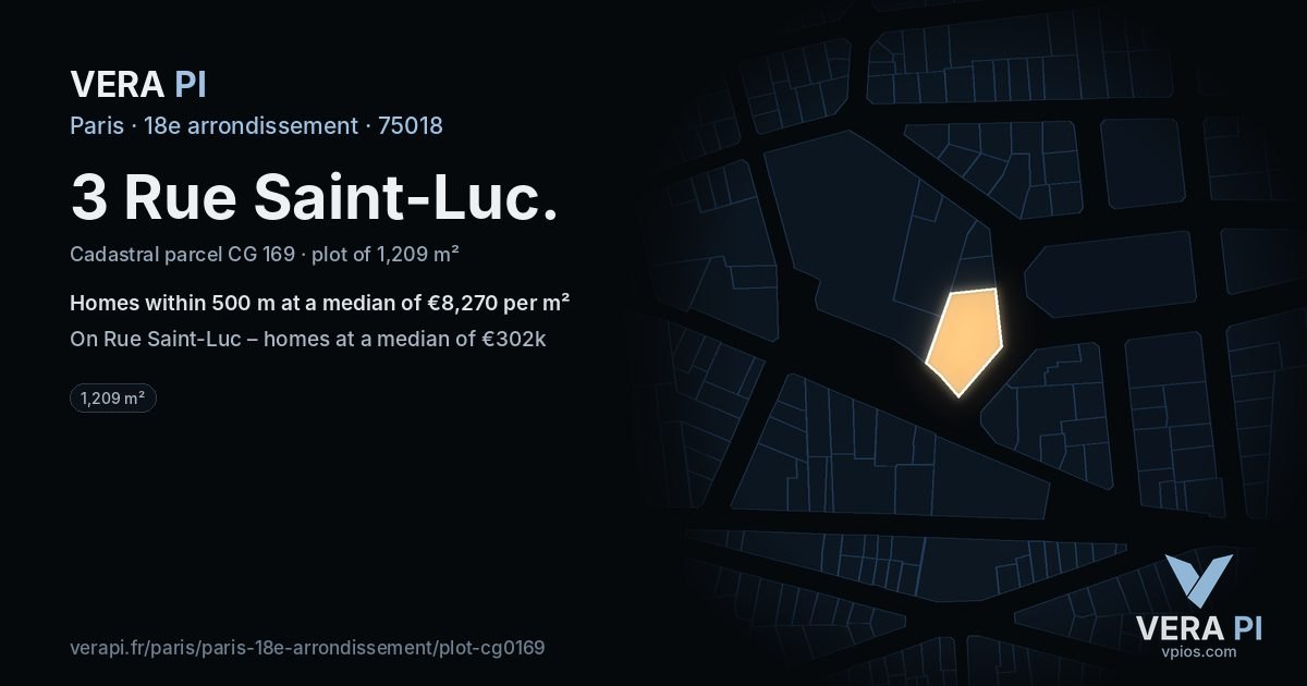 3 Rue Saint-Luc, 18e arrondissement at night – the plot lit, the parcels around coloured by the prices near them