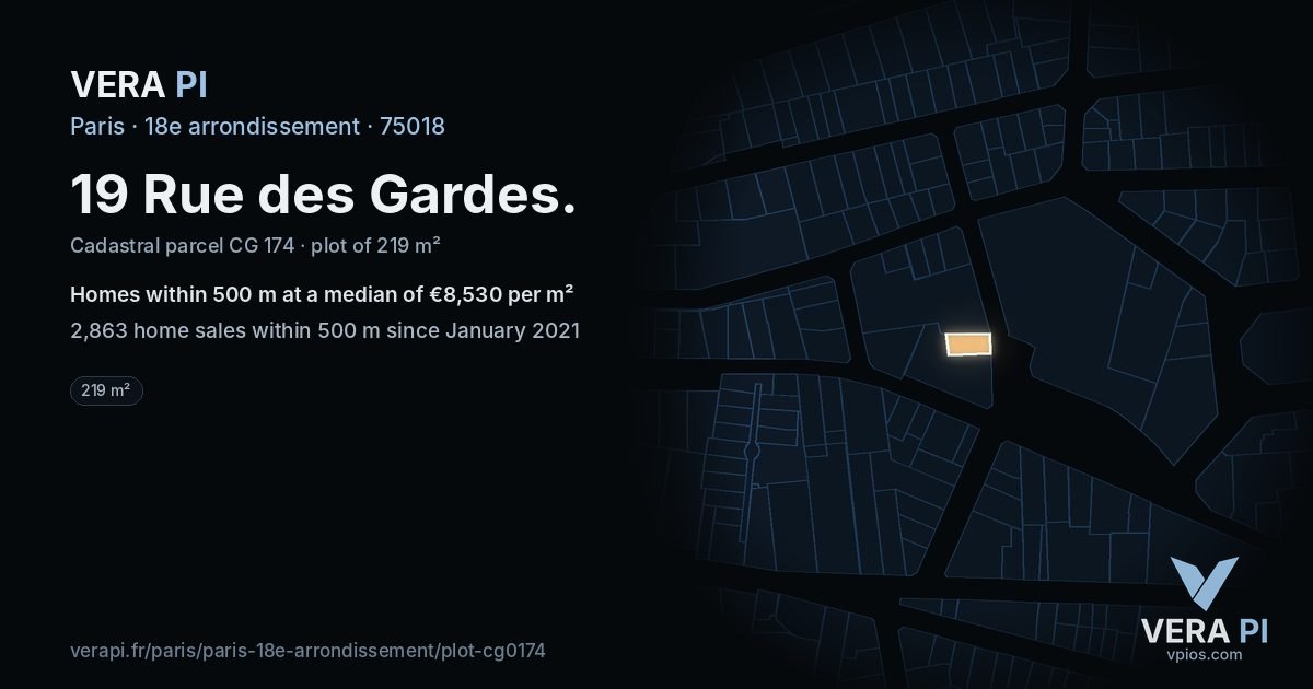 19 Rue des Gardes, 18e arrondissement at night – the plot lit, the parcels around coloured by the prices near them