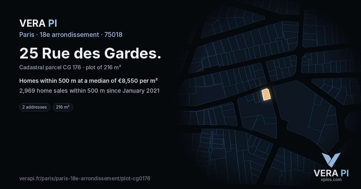25 Rue des Gardes, 18e arrondissement at night – the plot lit, the parcels around coloured by the prices near them