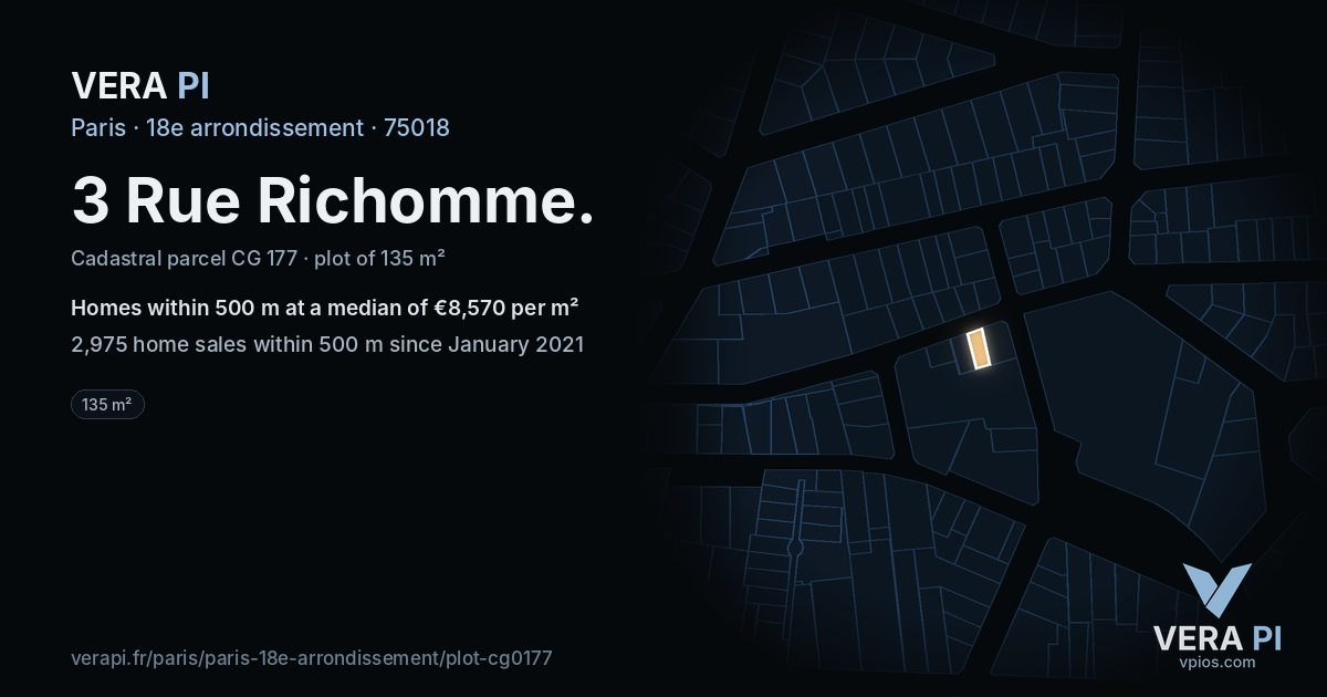 3 Rue Richomme, 18e arrondissement at night – the plot lit, the parcels around coloured by the prices near them