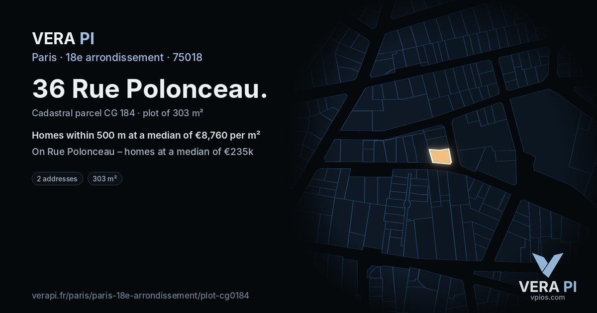 36 Rue Polonceau, 18e arrondissement at night – the plot lit, the parcels around coloured by the prices near them