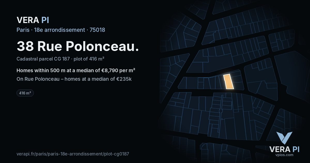 38 Rue Polonceau, 18e arrondissement at night – the plot lit, the parcels around coloured by the prices near them