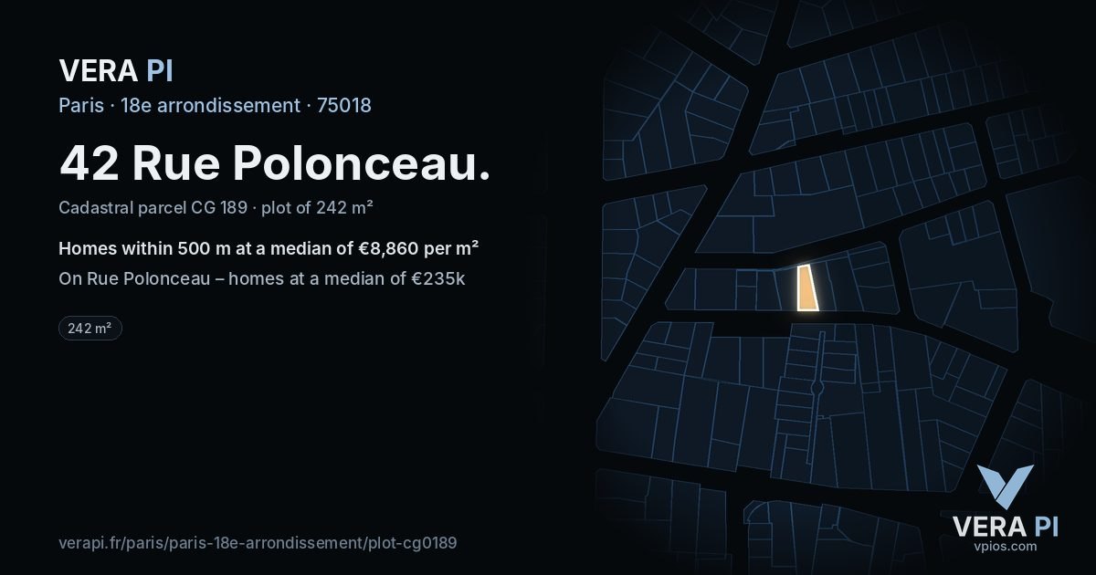 42 Rue Polonceau, 18e arrondissement at night – the plot lit, the parcels around coloured by the prices near them