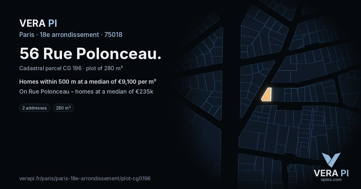 56 Rue Polonceau, 18e arrondissement at night – the plot lit, the parcels around coloured by the prices near them