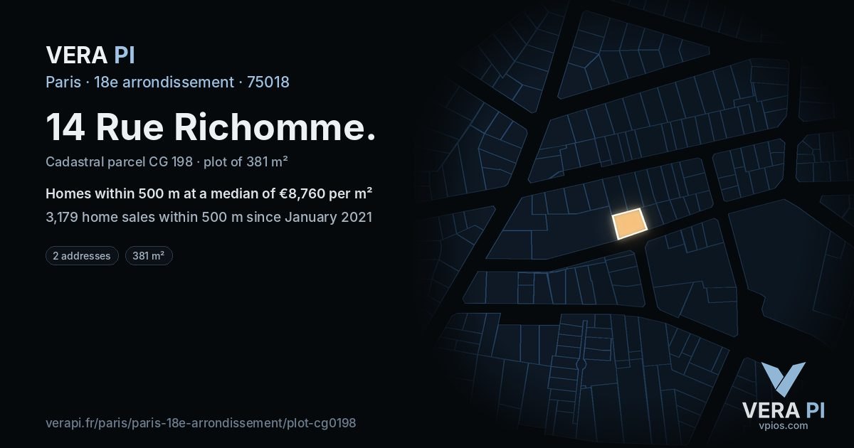 14 Rue Richomme, 18e arrondissement at night – the plot lit, the parcels around coloured by the prices near them