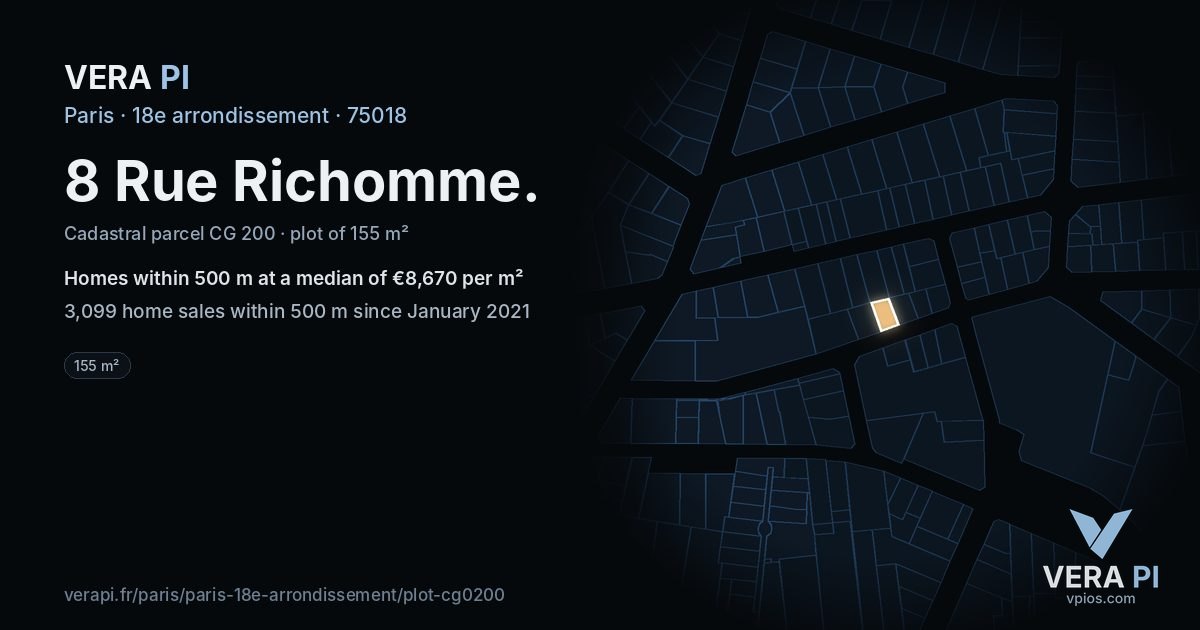 8 Rue Richomme, 18e arrondissement at night – the plot lit, the parcels around coloured by the prices near them