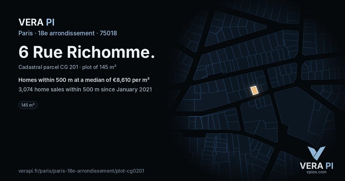 6 Rue Richomme, 18e arrondissement at night – the plot lit, the parcels around coloured by the prices near them